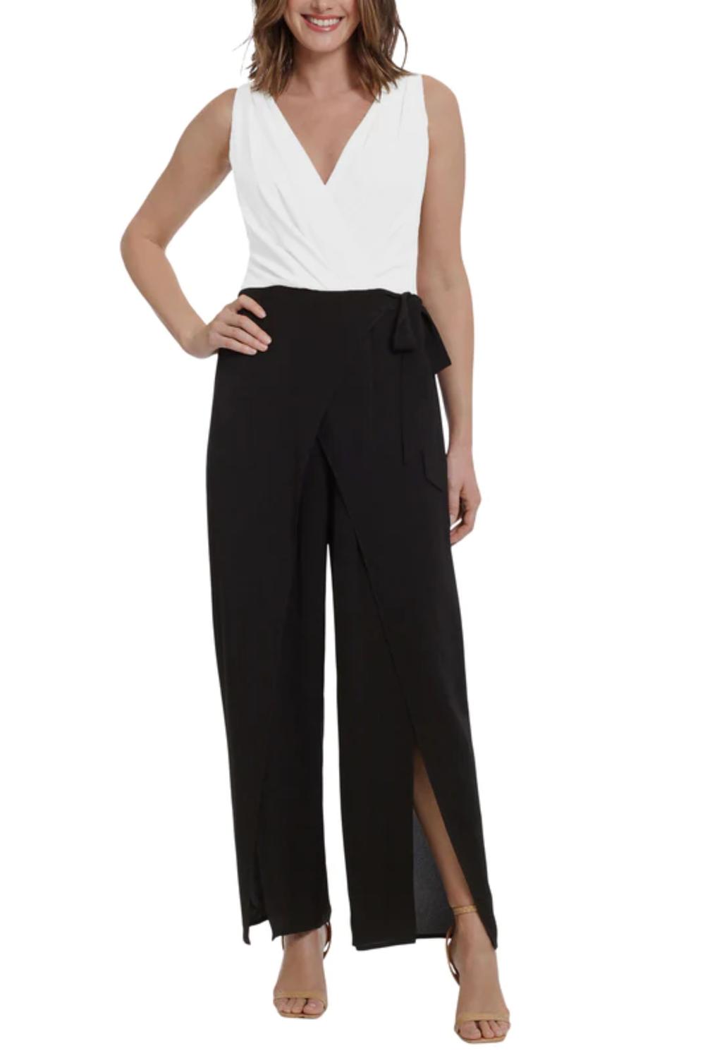London Times - Sleeveless Tie-belt Contrast Jumpsuit