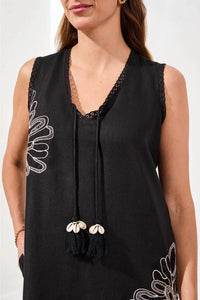 Tribal - Embroidered V-neck Sleeveless Dress With Tassel Accents