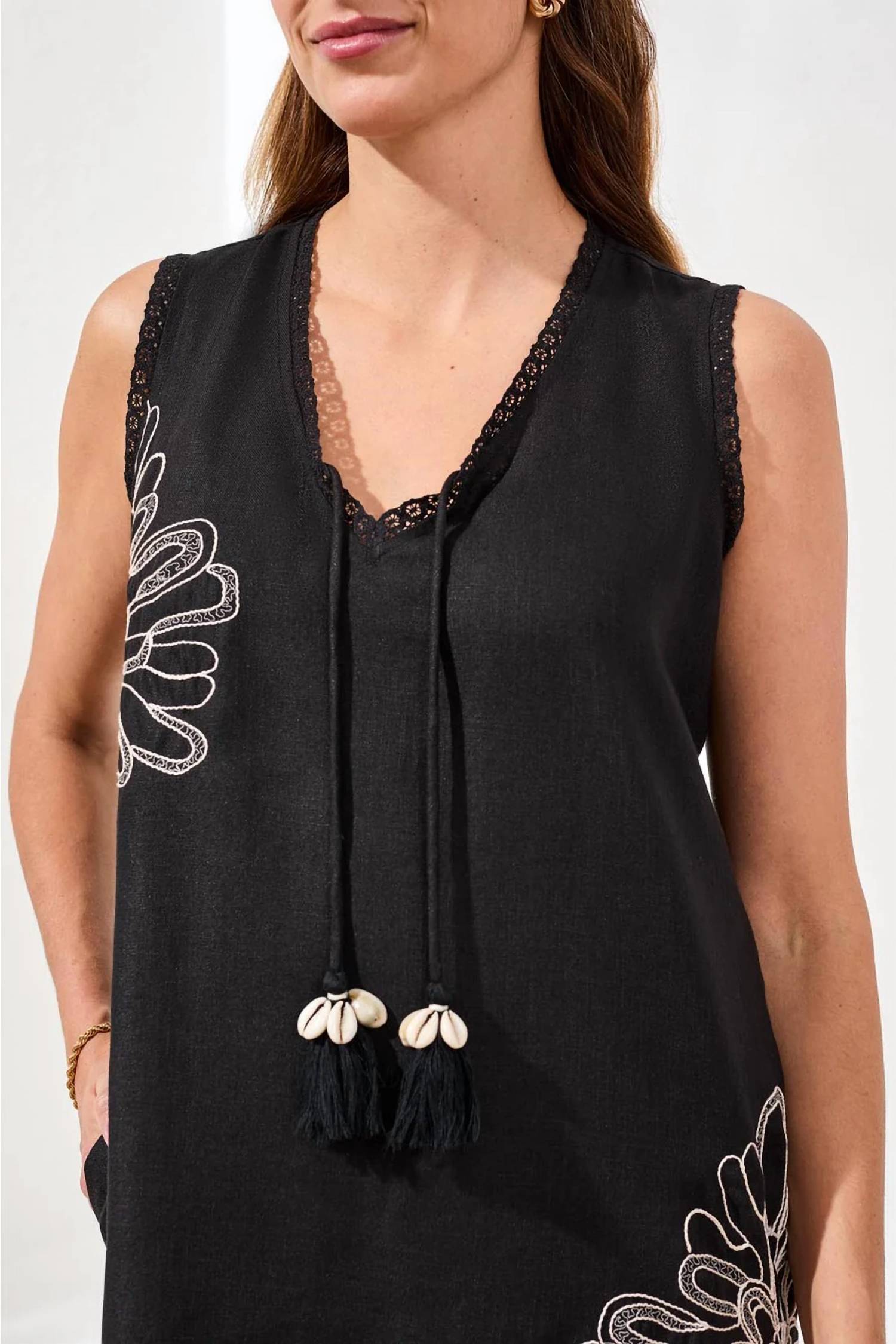 Tribal - Embroidered V-neck Sleeveless Dress With Tassel Accents
