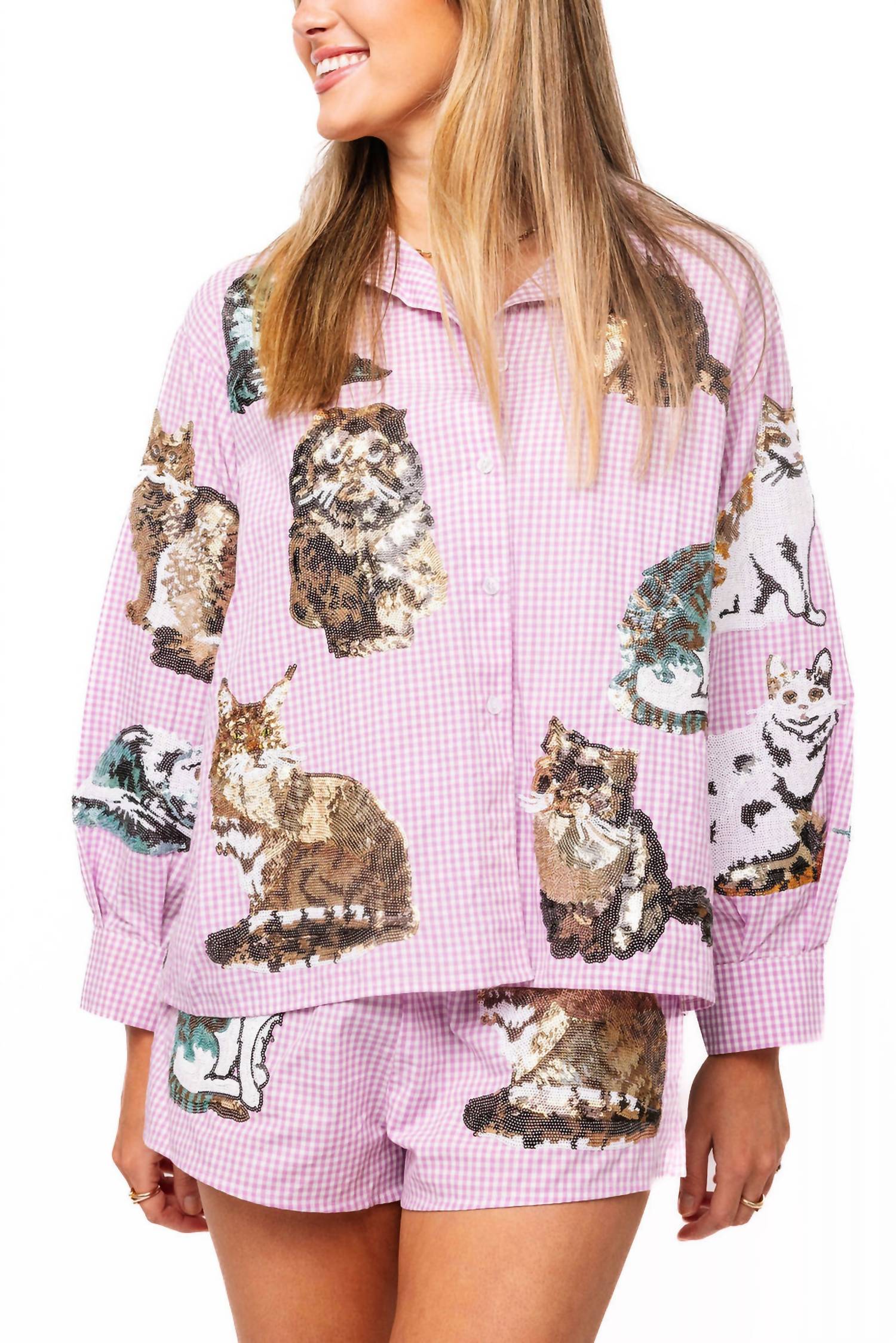 QUEEN OF SPARKLES Gingham Queen Of Cats Button Up Long Sleeve Top in lavender - women's shirt