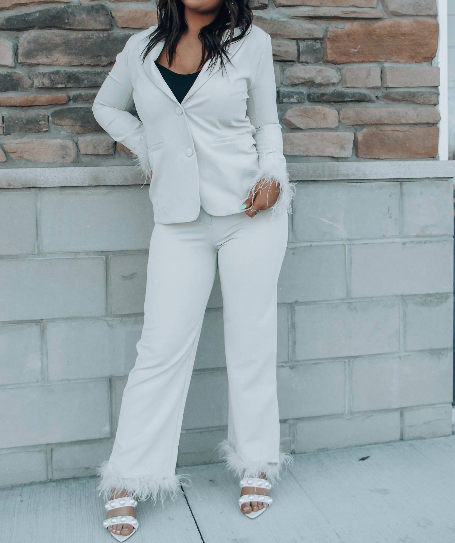 SKIES ARE BLUE Business Baddie Feather Cuff Straight Pants in cream - women's pants - view 8