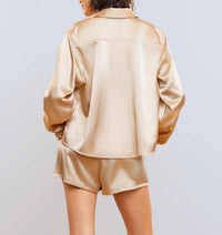 HEROINE SPORT Satin Snap Closure Shirt in champagne - women's shirt - detail view