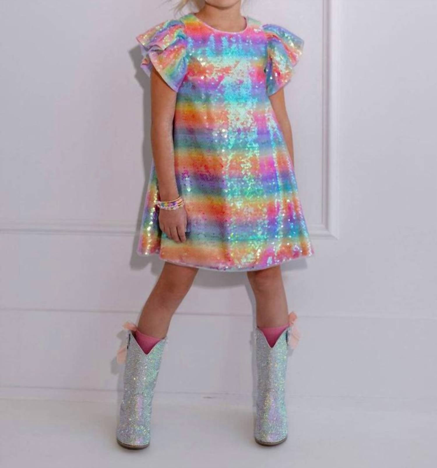 Lola + The Boys Kid's Sequin Shimmer Dress in rainbow - kids' dress