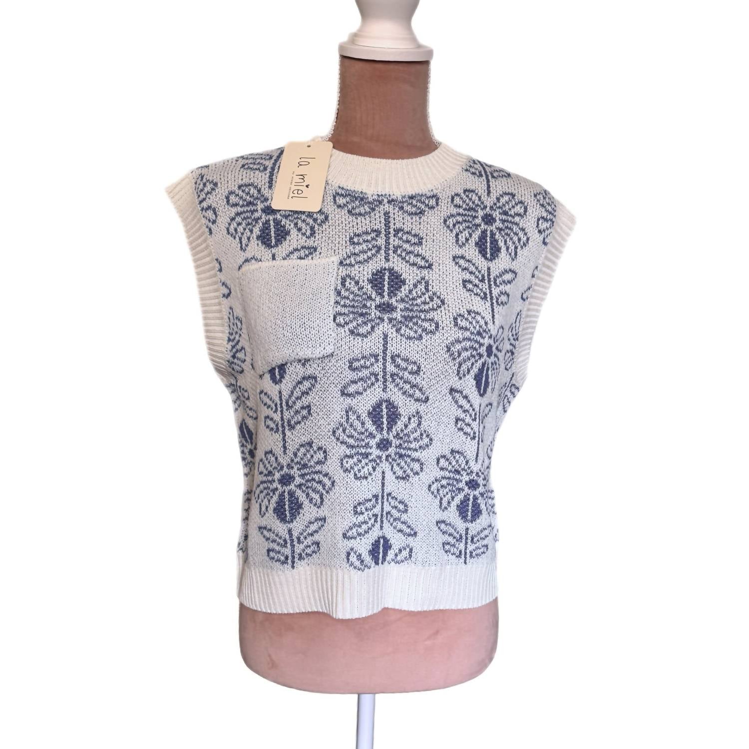 LA MIEL Floral Knit Sweater Vest Top in pacific blue - women's blouse - alternate view