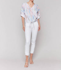 Charlie B - Printed 3/4 Sleeve V-neck Top With Front Tie