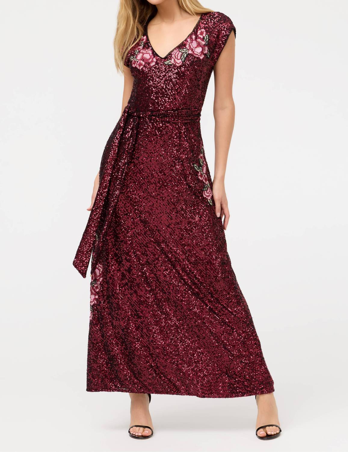Johnny Was SHERI SEQUIN MIDI DRESS in merlot deep red - women's dress - detail view