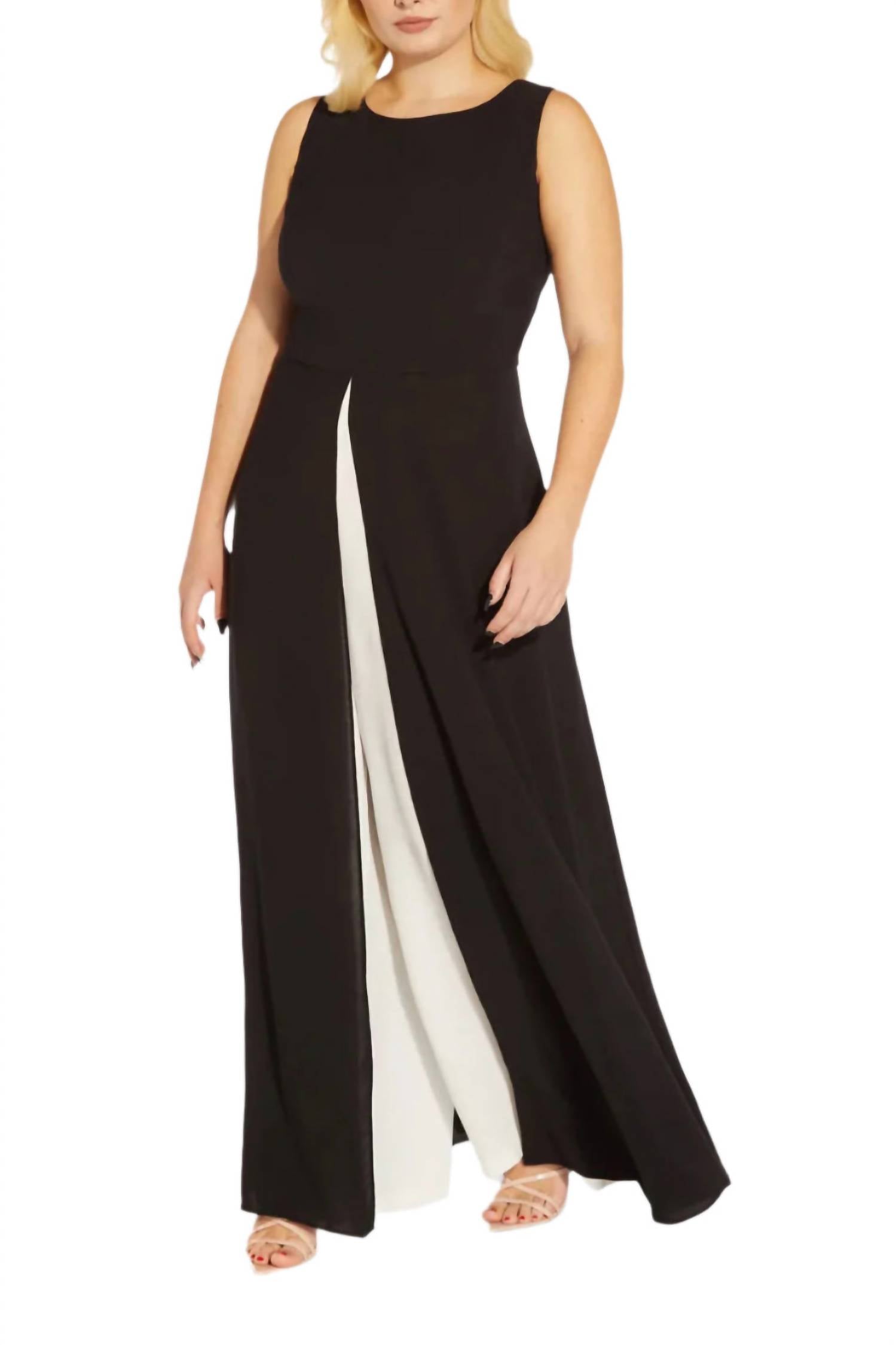 Adrianna Papell - Crew Neck Sleeveless Jumpsuit With Skirt Overlay