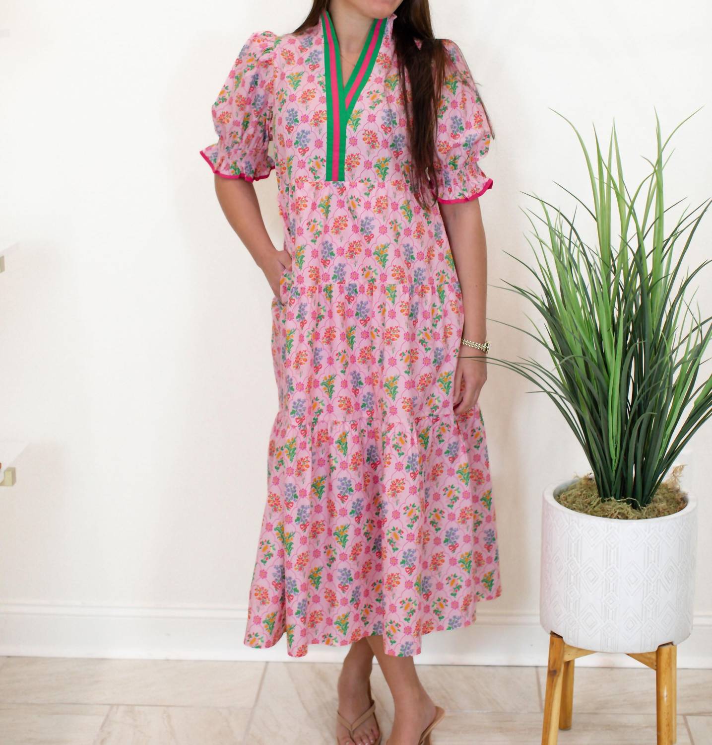 entro Floral Print Puff Sleeve Midi Dress in pink multi - women's dress - view 4