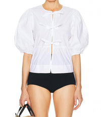 Ganni - Pre-loved Poplin Puff Sleeve V Neck Blouse With Smocked Shirred Waist