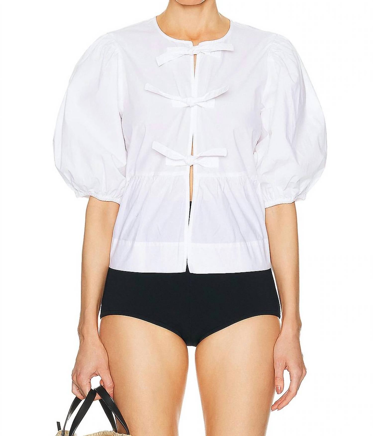 Ganni - Pre-loved Poplin Puff Sleeve V Neck Blouse With Smocked Shirred Waist