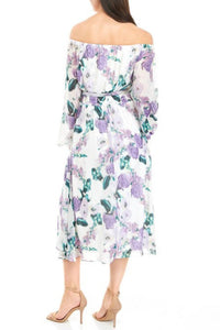 Maison Tara - Floral Off The Shoulder Long Sleeve Midi A-line Dress