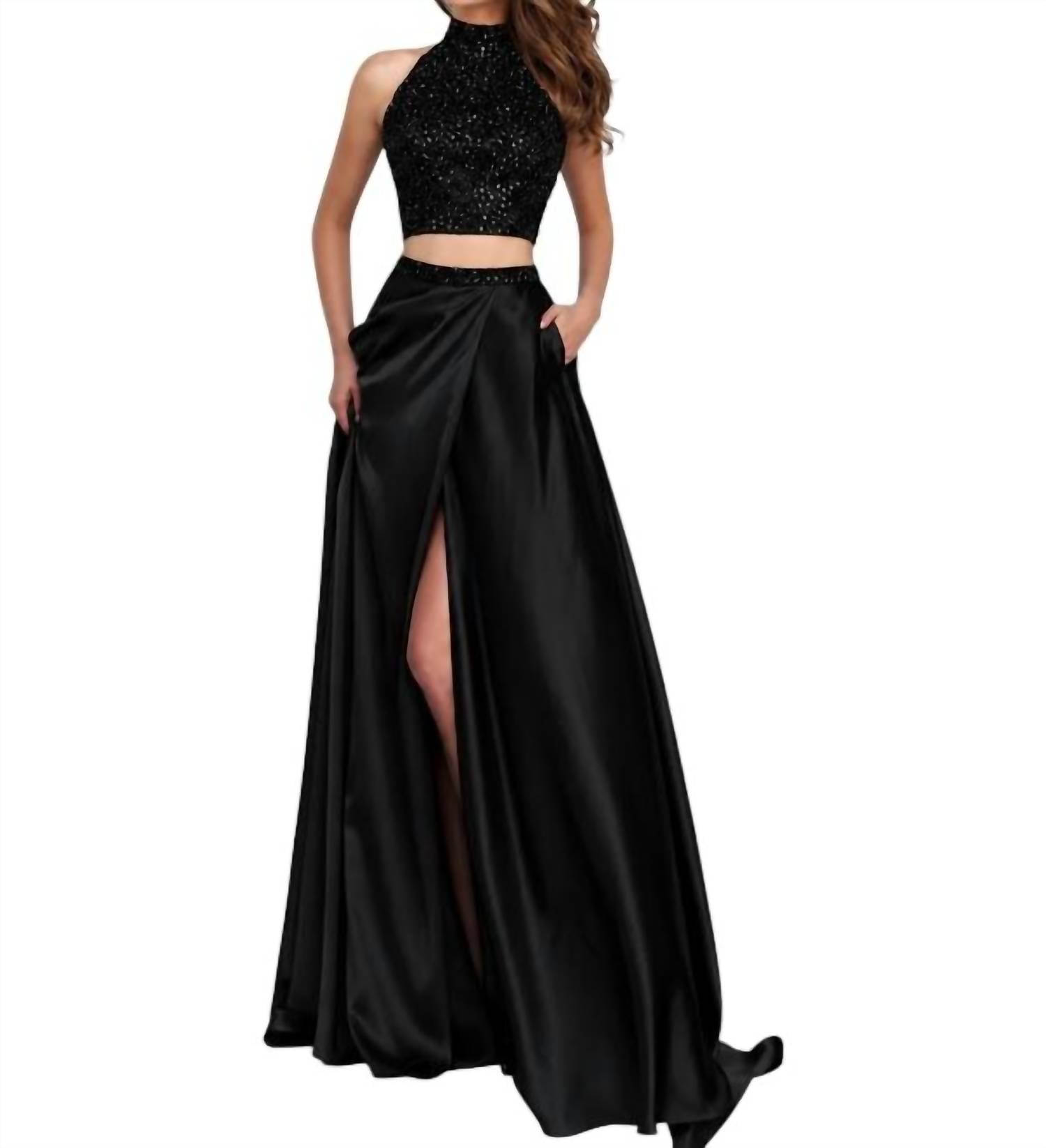 Sherri Hill Two-piece Halter High Slit Prom Dress in black - women's dress