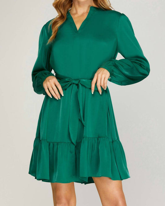 She + Sky - Long Sleeve Satin Dress with Waist Tie