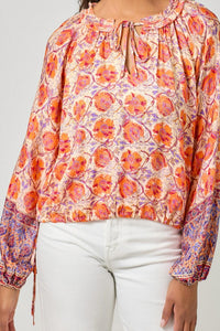 mystree Women's Border Print Ruffle Top in oat orange - women's shirt