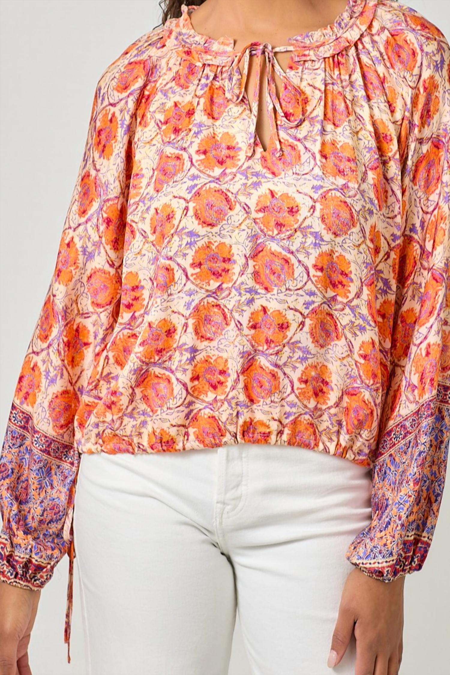 mystree Women's Border Print Ruffle Top in oat orange - women's shirt