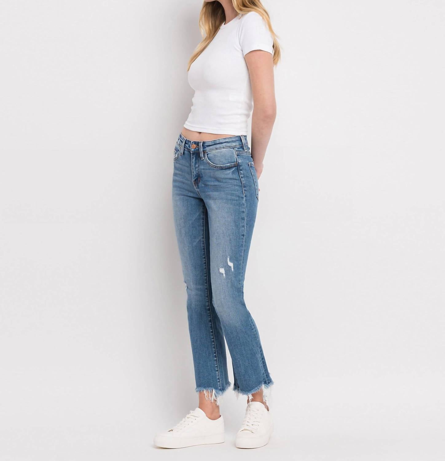 Flying Monkey - Mid Rise Distressed Hem Ankle Bootcut Jeans