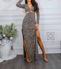 Surelymine - Zebra Stripes Cut-Out With Side Slits Sweater Dress