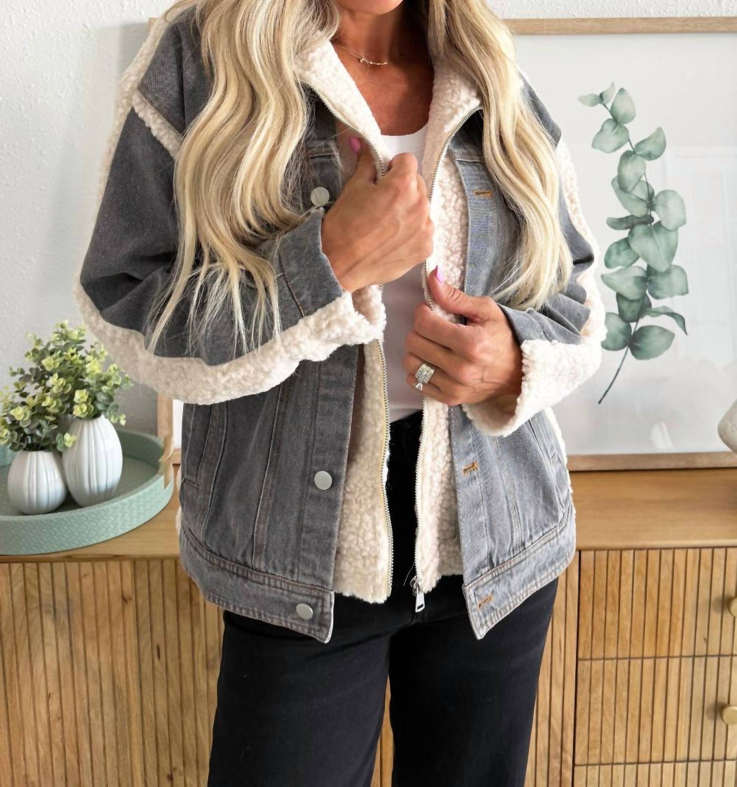 mystree Denim Mixed Sherpa Jacket in charcoal - women's jacket - detail view