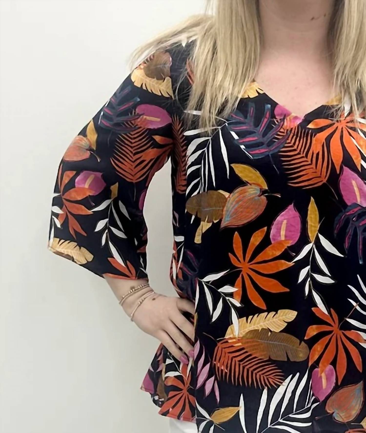 Pure Essence - Hi-low Hem Bell Sleeve V-neck Top