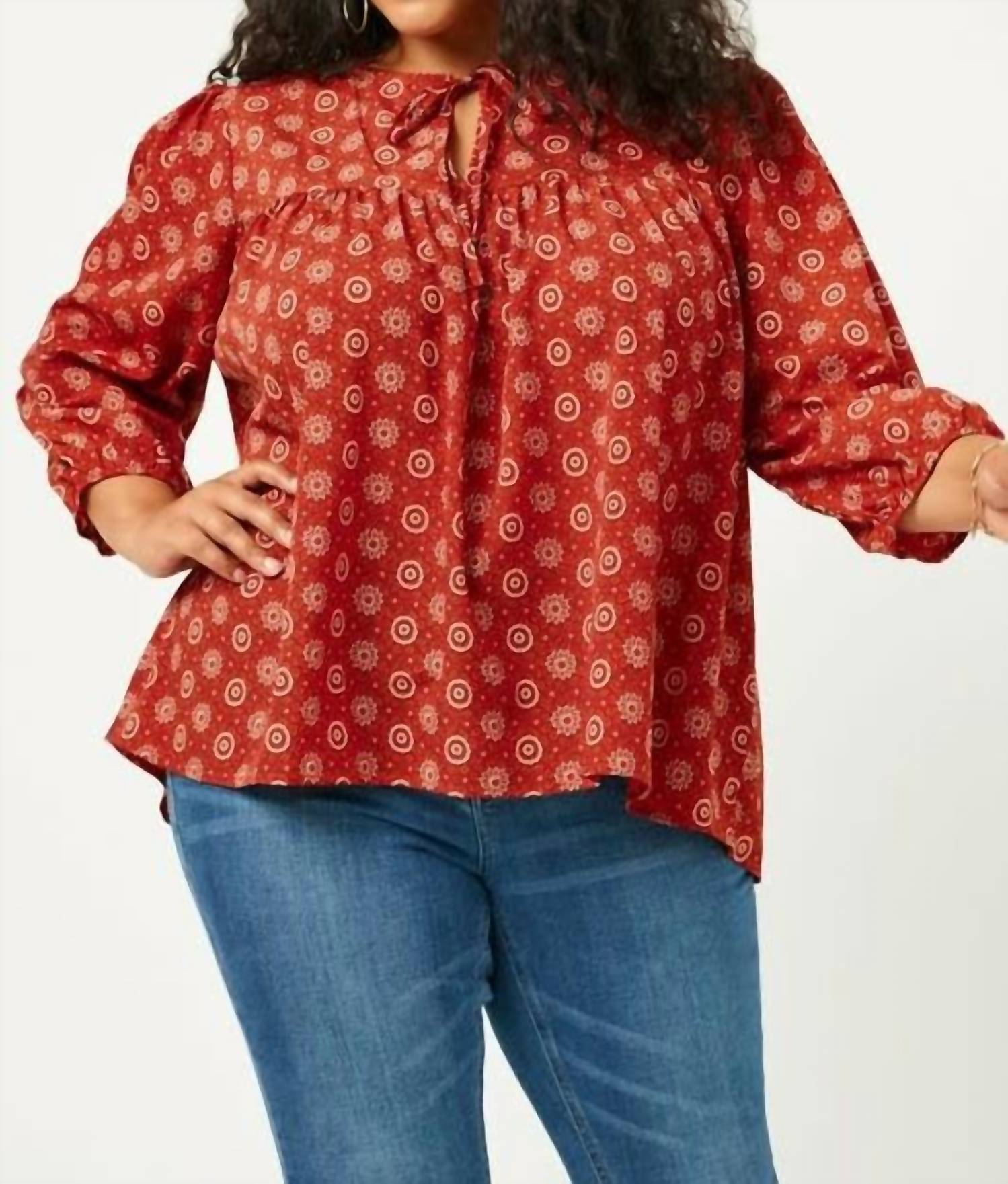 Hayden La - Tie Neck Floral Printed Peasant Top - Plus