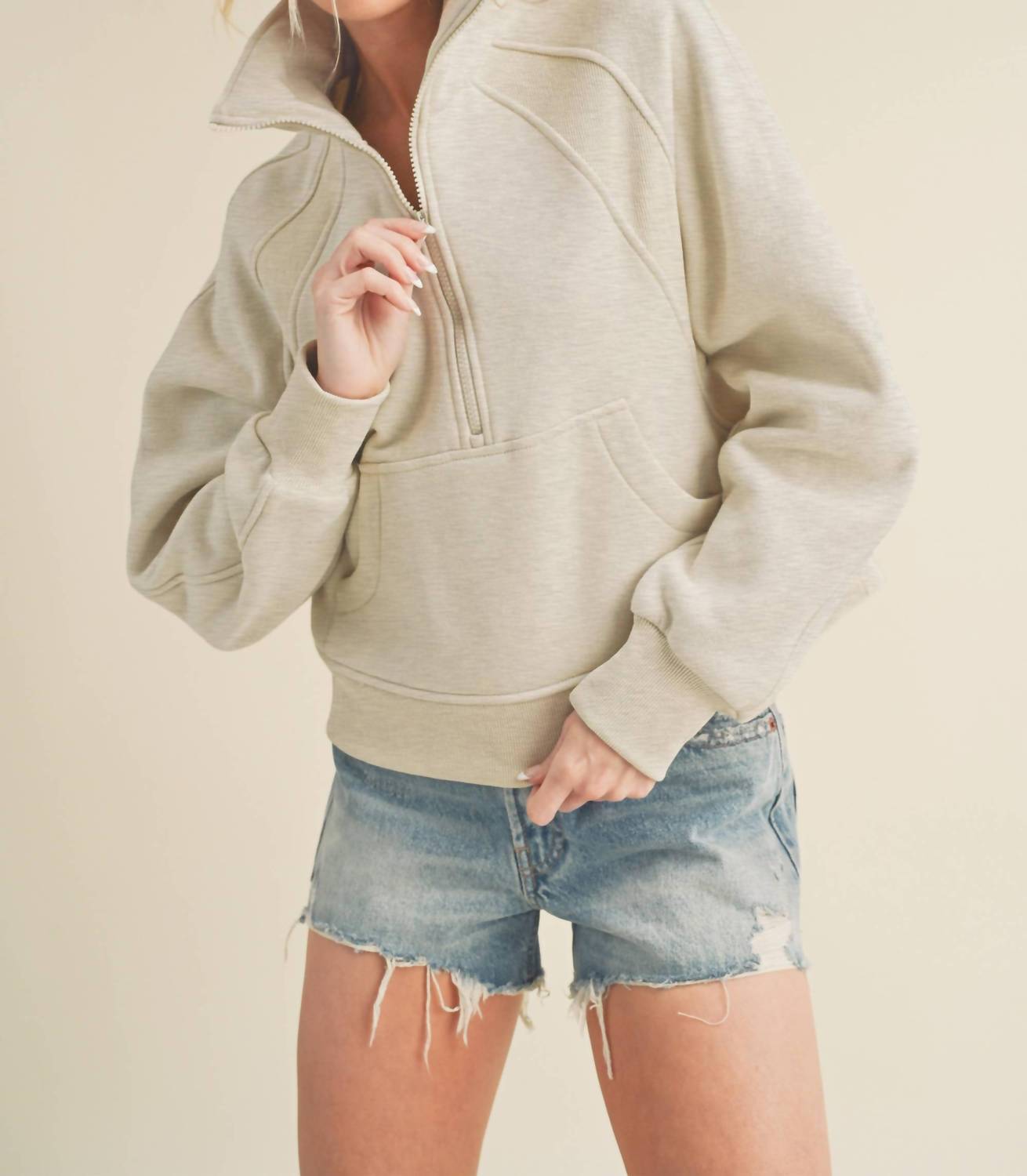 Aemi + Co - Dove Funnel Neck Half Zip Sweatshirt