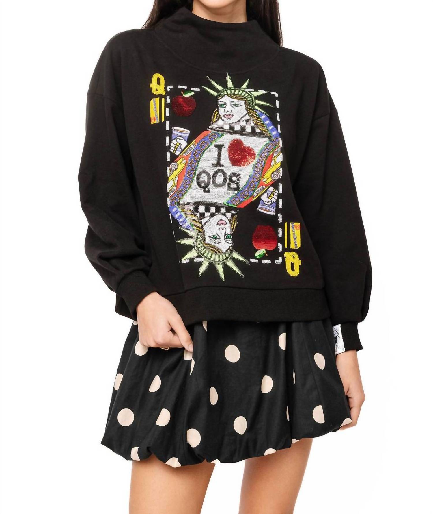 QUEEN OF SPARKLES New York City Queen Card Mock Neck Sweatshirt in black - women's sweater