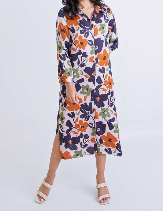 Karlie - Floral Satin Pocket Shirt Midi Dress