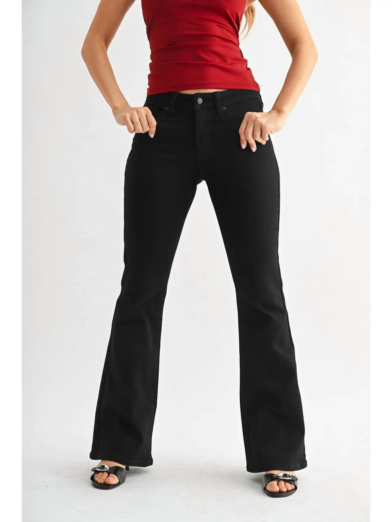 JUST BLACK DENIM Stella Mid Rise Flare Jeans in black - women's jeans