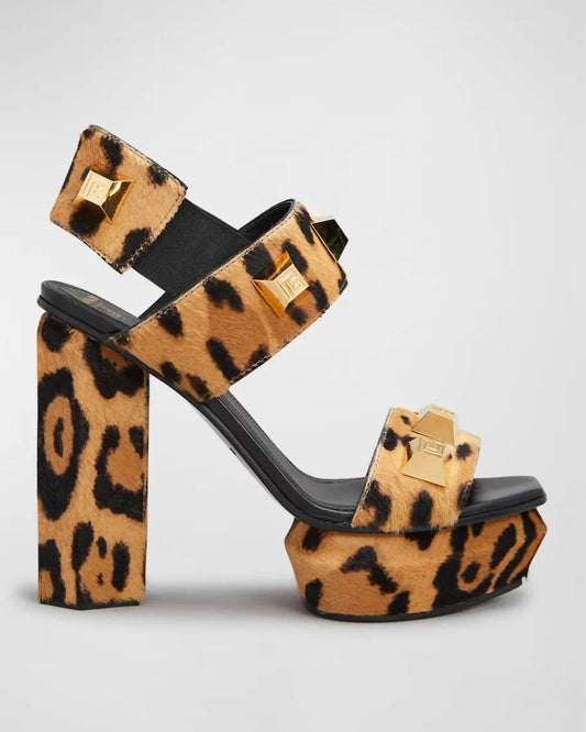 Balmain - Women's Ava Leopard Studded Platform Heeled Sandals