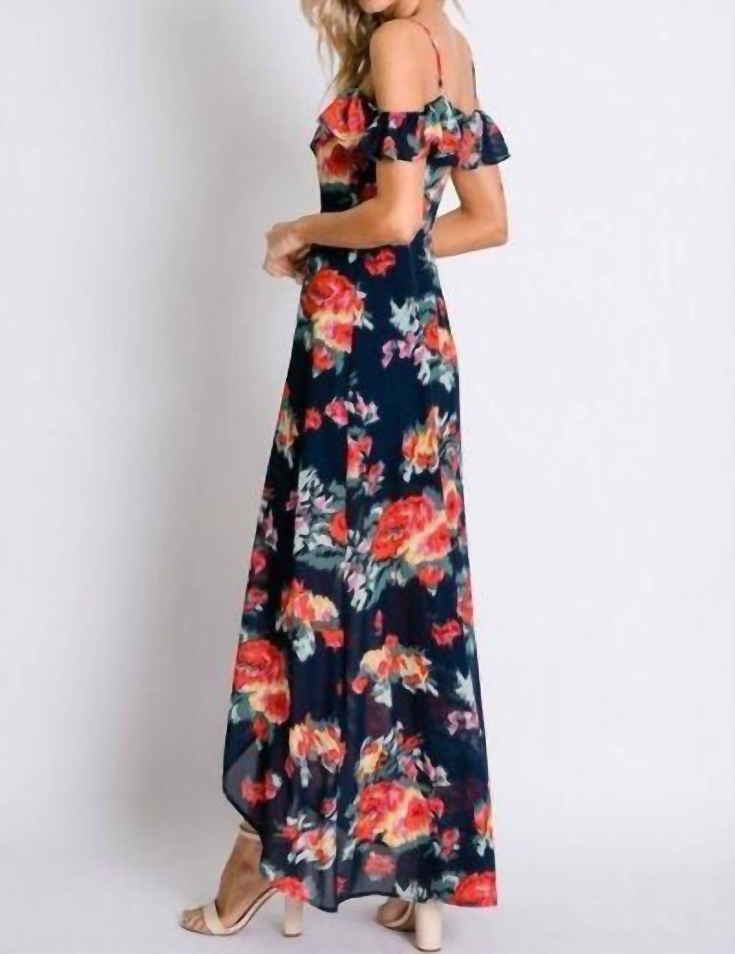 Davi & Dani - Floral Print Ruffle Cold Shoulder Tulip Dress