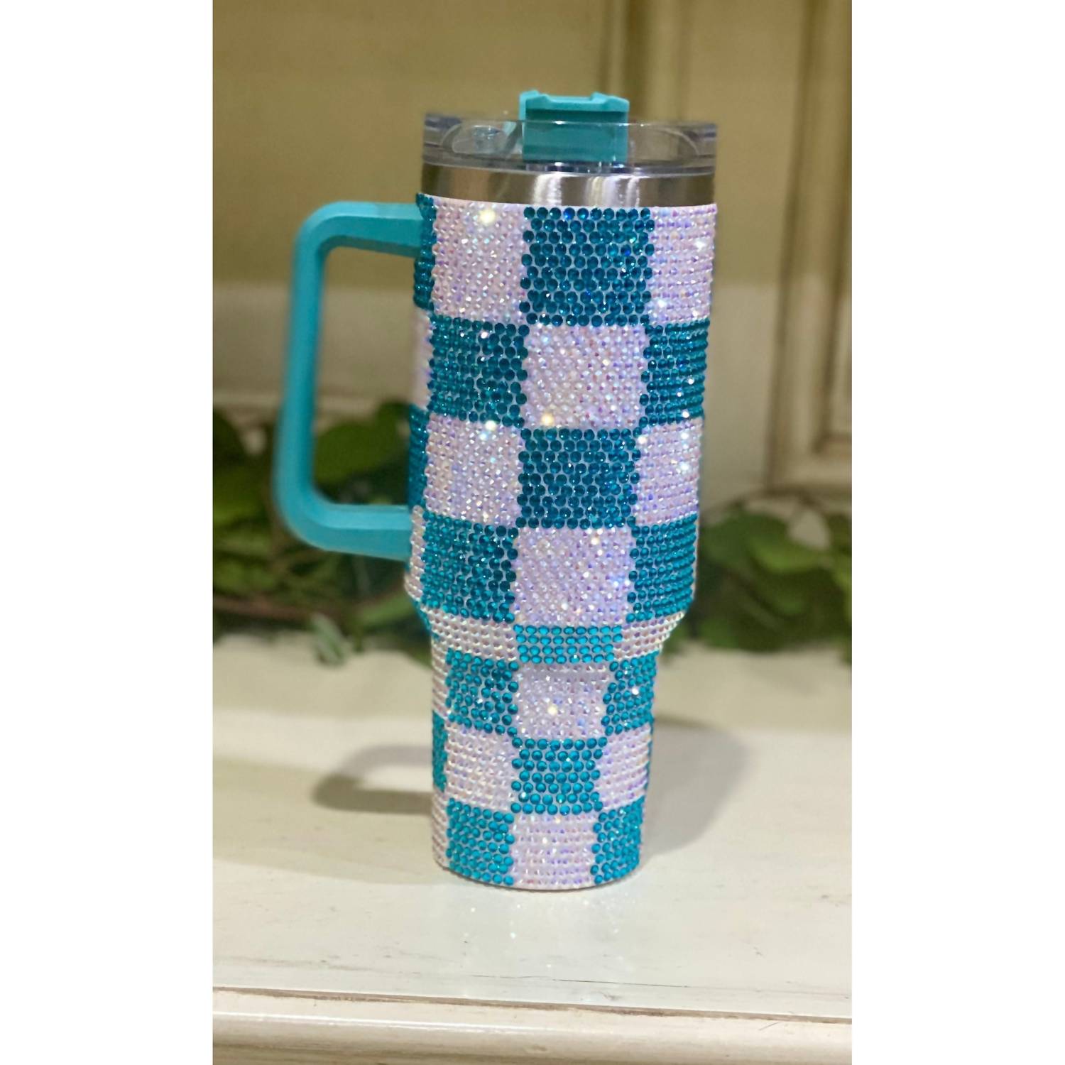 Lucky & Blessed - Women's Checkered Rhinestone Tumbler