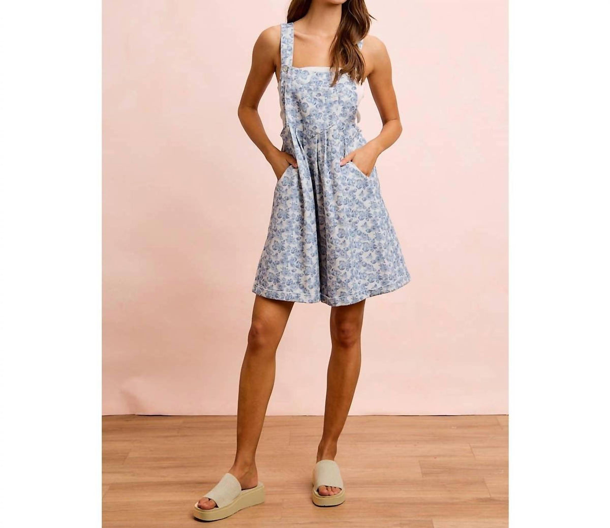 Bibi - Flower Printed Washed Twill Denim Shortall