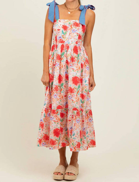 Entro - Floral Contrast Shoulder Tie Midi Dress
