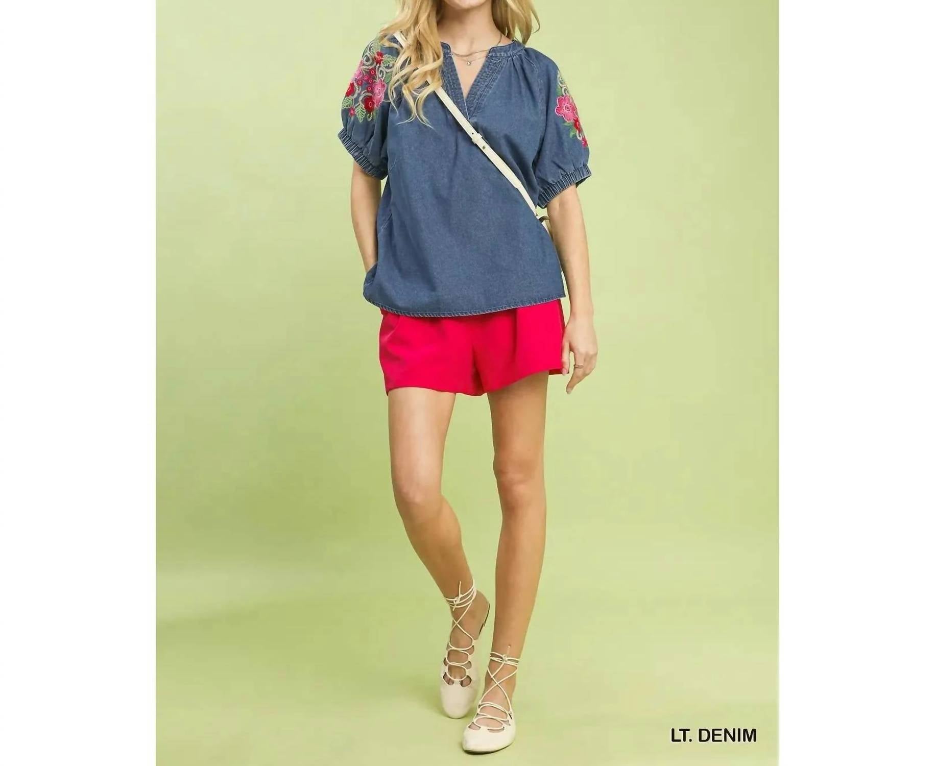 Style Usa - Women's Denim Embroidered Puff Sleeve Boho Top