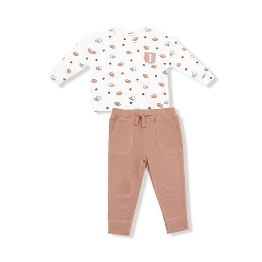 Angel Dear - Boy's Footballs And Stars Waffle Knit Drop Sleeve Shirt With Pocket And Jogger