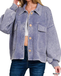 Zenana - Acid Wash Fleece Cropped Shacket With Front Pockets