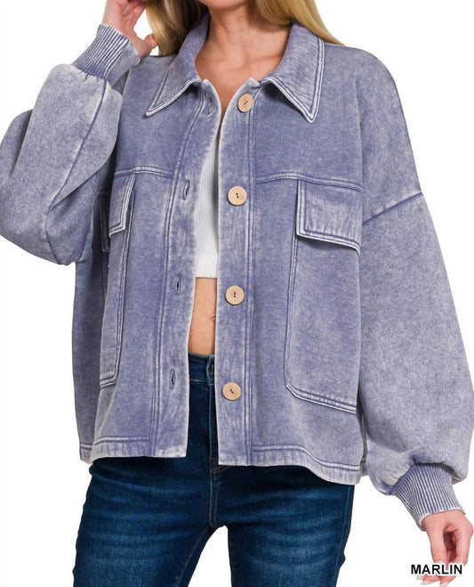 Zenana - Acid Wash Fleece Cropped Shacket With Front Pockets