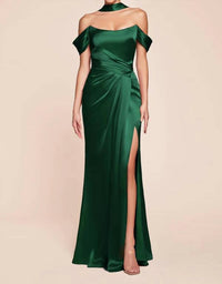 Ladivine - Satin Fitted Off Shoulder Slit Gown