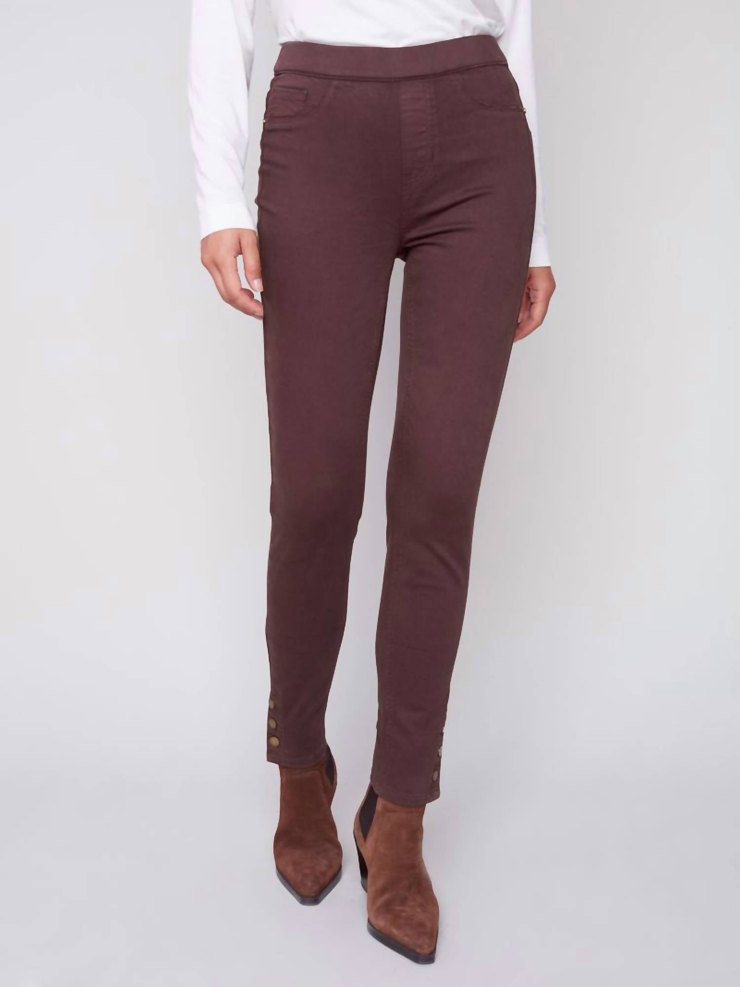 CHARLIE B 3-side Snap Twill Pant in chocolate - women's pants