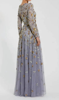 Mac Duggal - Women's Platinum Embellished High Neck Long Sleeve Dress