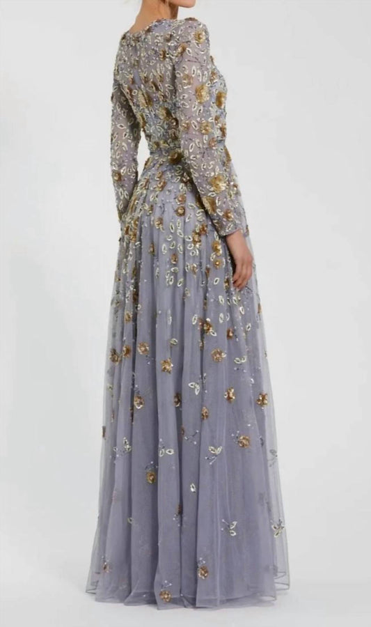 Mac Duggal - Women's Platinum Embellished High Neck Long Sleeve Dress