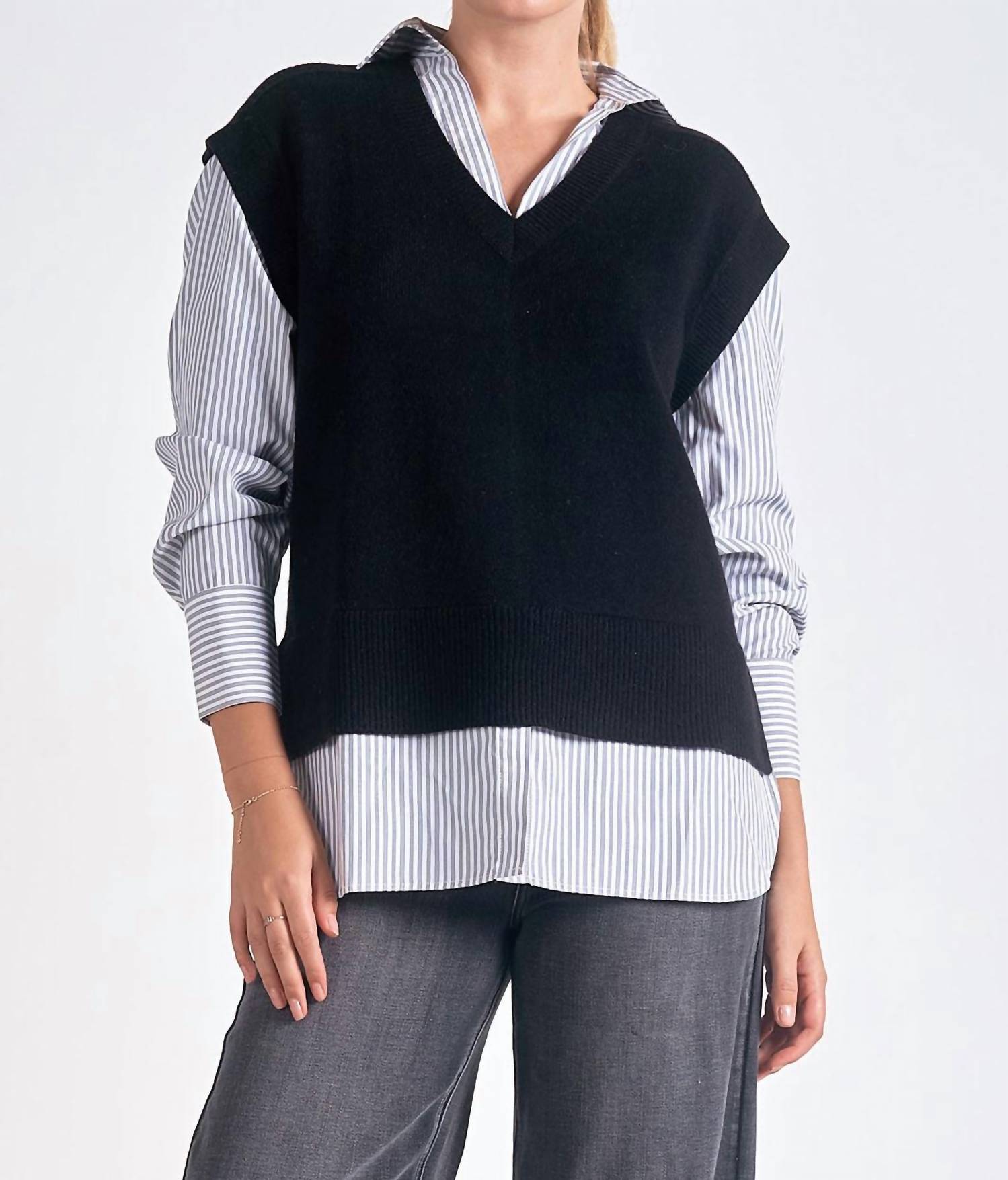 ELAN V-neck Sweater Vest Shirt in black - women's sweater - detail view