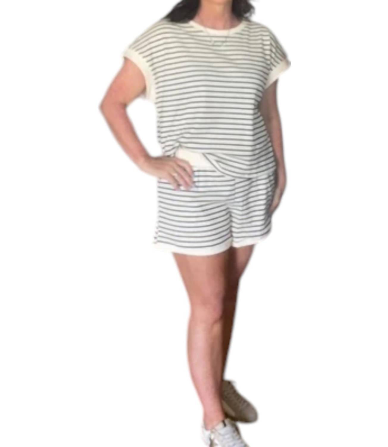 Aiwee Fashion - Striped Short Sleeve Top And Shorts Set