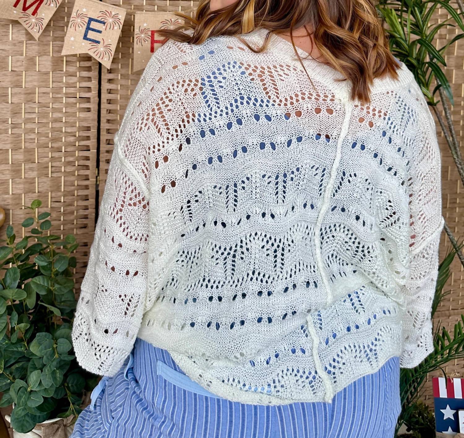 Pol - Crochet Short Sleeve Scalloped Edge Oversized Top