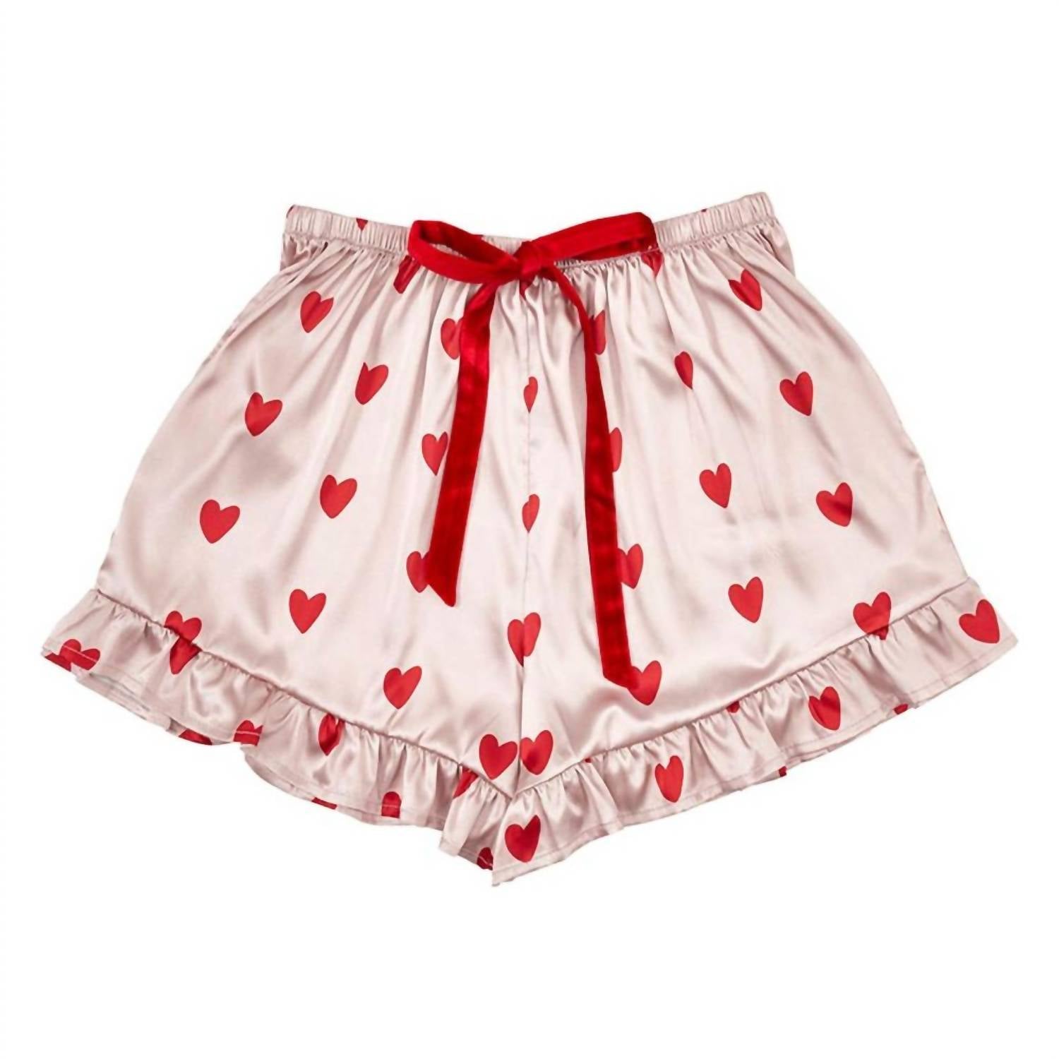 Bella Sleep + Spa Women's Cropped Ruffle Short Set With Velvet Ties in pink - women's sleepwear - detail view
