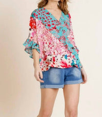 Umgee - Floral Animal Print Ruffle Top