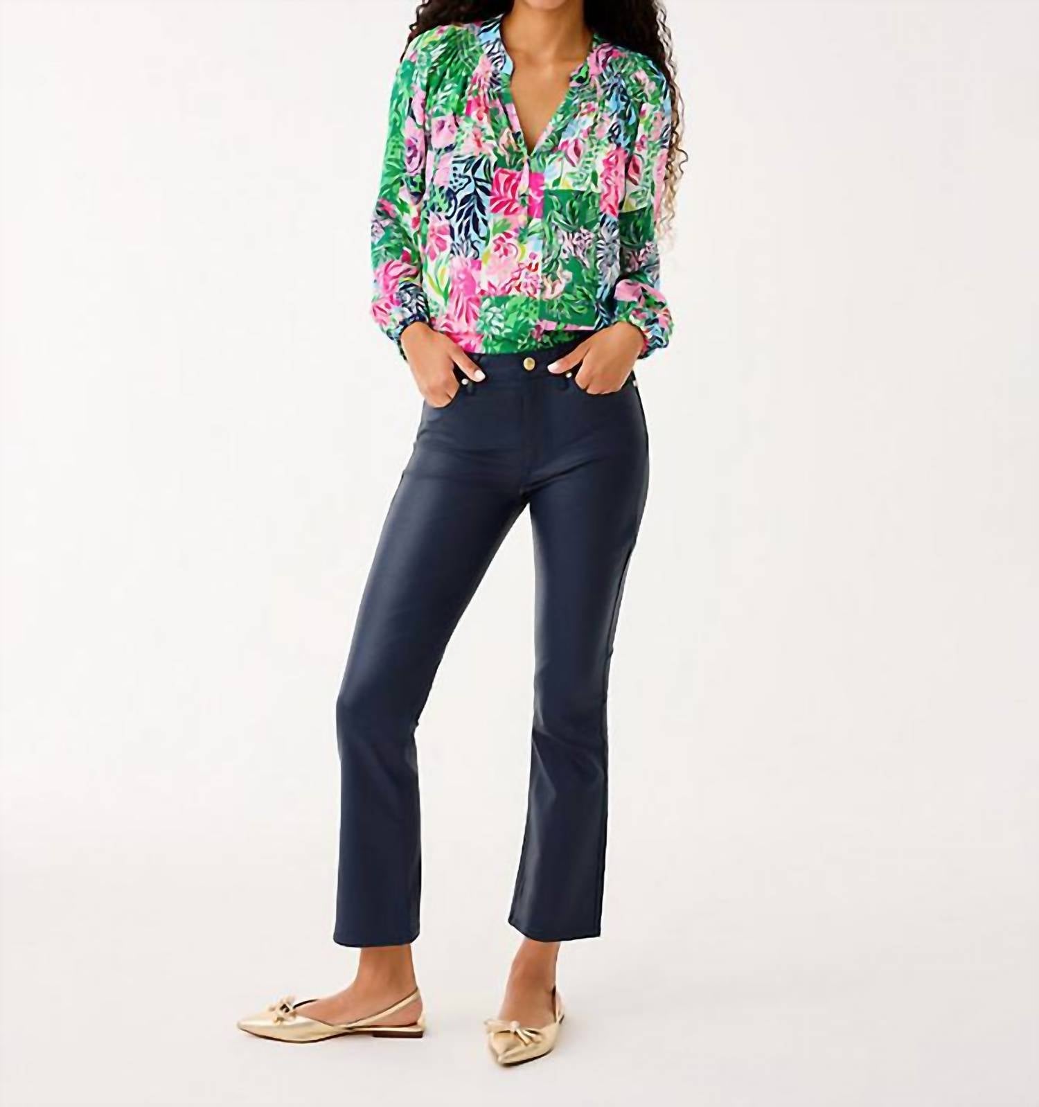 Lilly Pulitzer Liza Coated Crop Flare Jeans in low tide navy - women's jeans