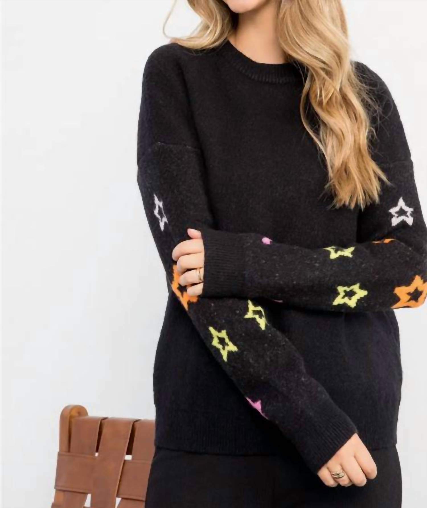 THML Star Sleeve Knit Crewneck in black - women's sweater