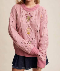 Listicle - Embroidered Flower Detail Checkered Knit Sweater