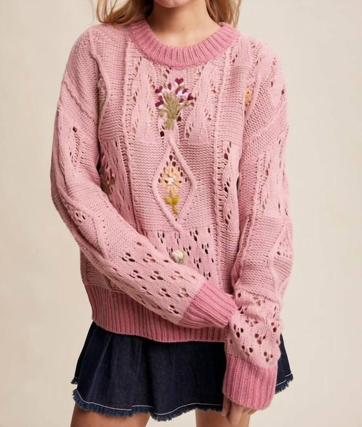 Listicle - Embroidered Flower Detail Checkered Knit Sweater